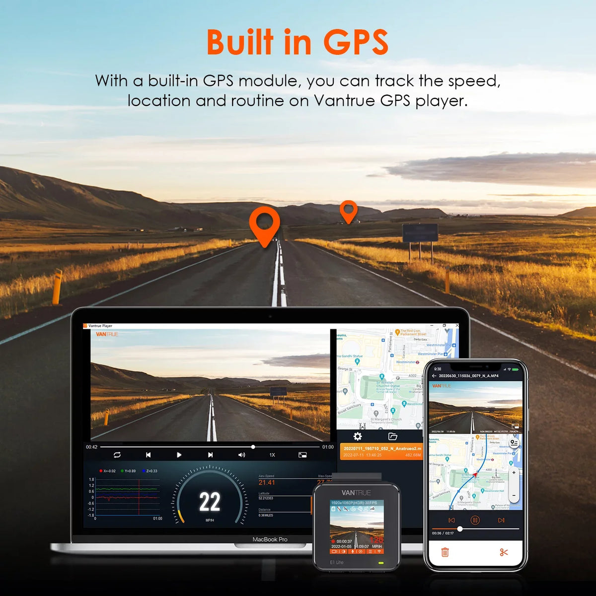 Control Wide Cam System, GPS Vantrue (E1 Dash W with G-Sensor, Angle, 160° Dual Car Voice 1080P, Parking Mini Support Compact 24/7 512GB WiFi Max Lite) Mode, camera 1920 X