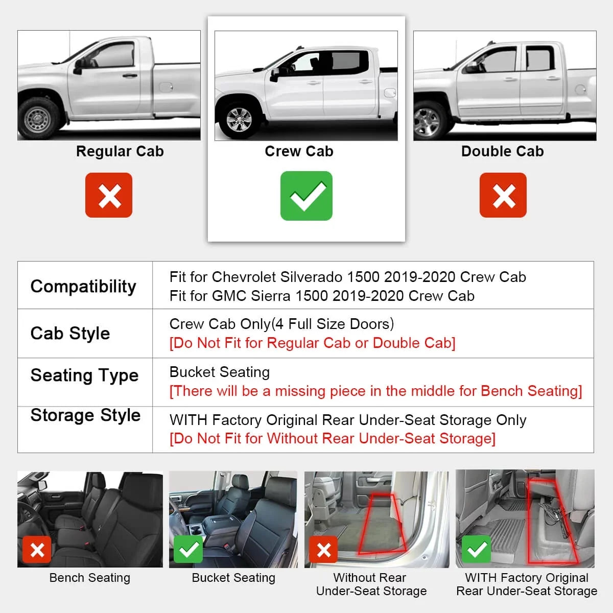 Chevrolet 2500HD/3500HD Crew Double Mats & Storage) for Lasfit Cab, Storage, Silverado/GMC Fit 1500 Plastic Without Cab 2019-2022 (Don't 2020-2022 Floor Sierra
