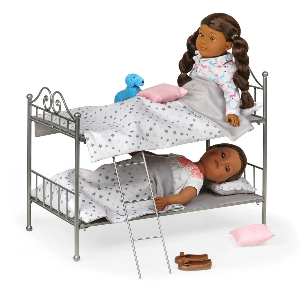 Bed - Metal Dolls Ladder, Bunk Scrollwork Basket inch Silver/Pink 18 Badger for with Bedding