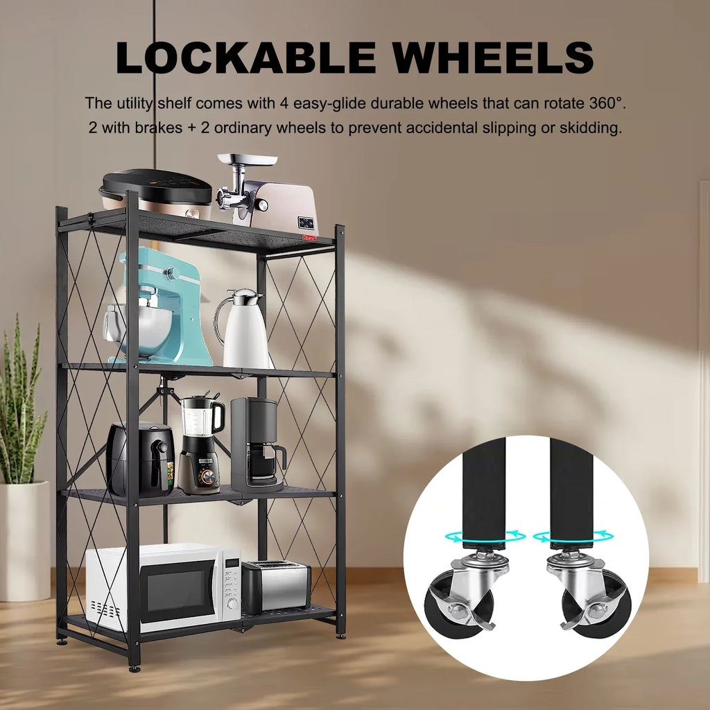 Rolling Shelving Unit Office Shelf Metal 4-Tier Room Black Books Decor Organizer, Foldable - with Kitchen Cart Closet Wheels Shelves, Pantry Storage - Storage for Collapsible Display, &