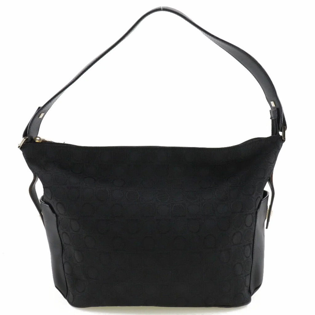 x Gancini Ferragamo Black 2779 Pre-Owned Leather Canvas (Fair) Bag Salvatore One Ladies AB-21 Shoulder