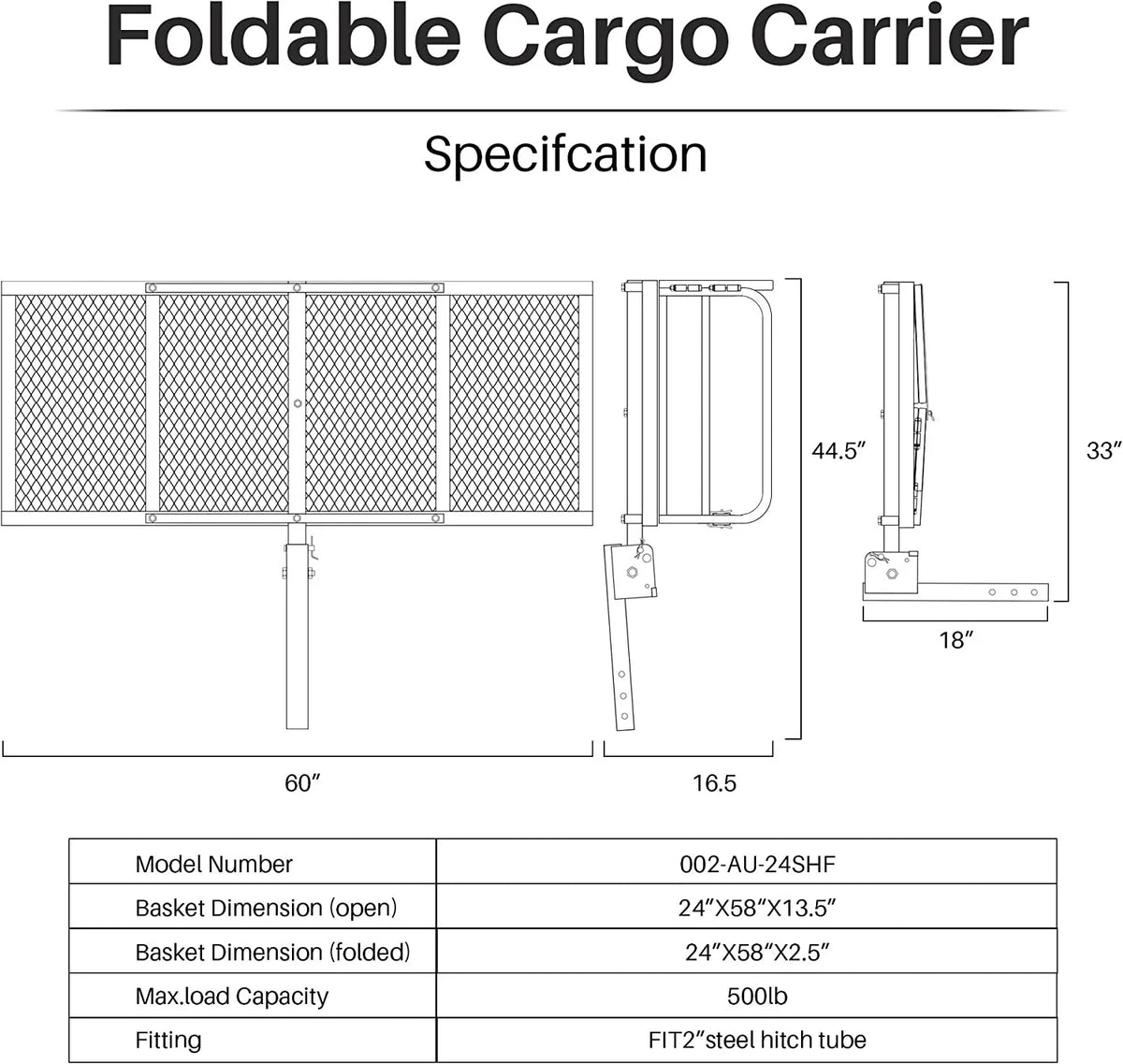 Waterproof for Luggage Carrier Fold Traveling Inch 60 Cargo Camping SUV 2 24 Pickup Cargo 500 Heavy Capacity Folding Bag Rack Up Lbs with x Duty Inch Hitch Receiver Basket