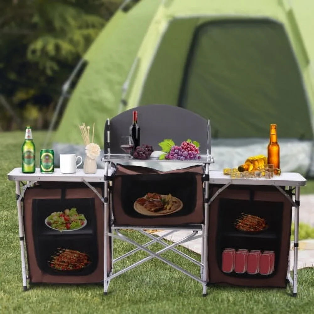 Storage Picnic Table Camping Portable Cabinet Kitchen Table Rack Cooking Folding