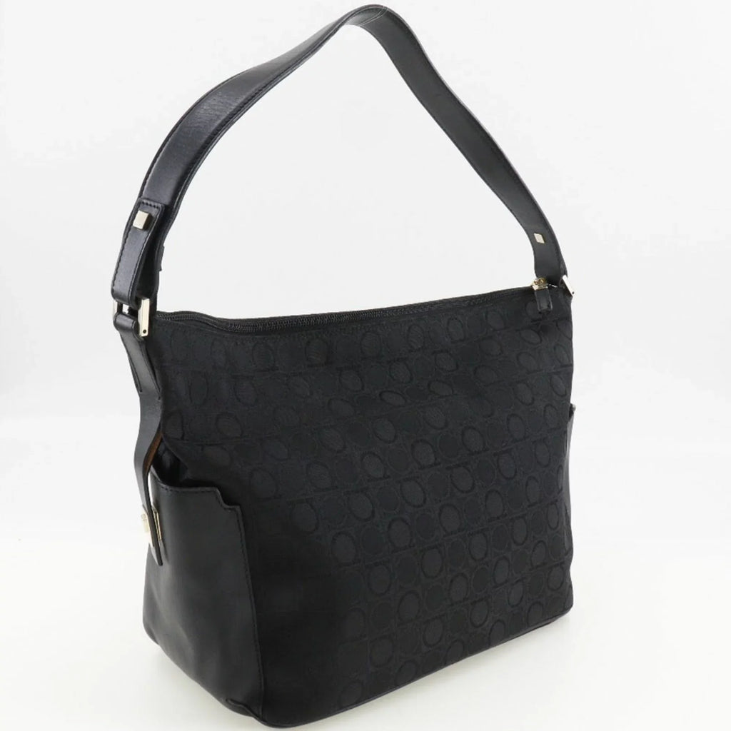 x Gancini Ferragamo Black 2779 Pre-Owned Leather Canvas (Fair) Bag Salvatore One Ladies AB-21 Shoulder