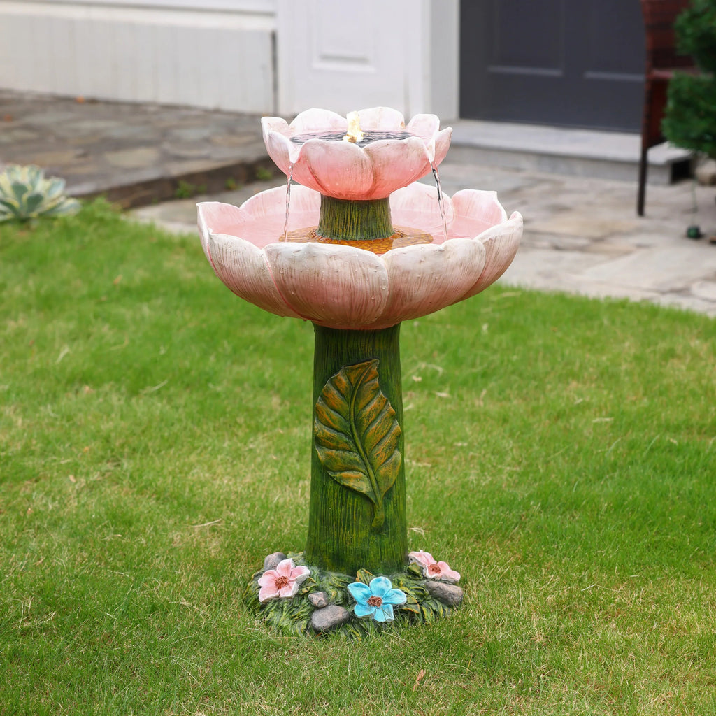 Powered 2-Tier Lights Birdbath Resin Pink LuxenHome Solar Flower Fountain with
