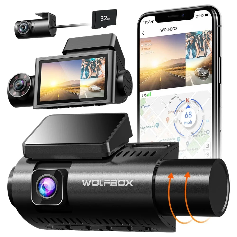 4K G-Sensor, WOLFBOX 3 Parking Vision, with Dash Loop WiFi&GPS, Channel, 3" Rear Monitor 24H Front and Recording, DashCam LCD IR Night Cam Super