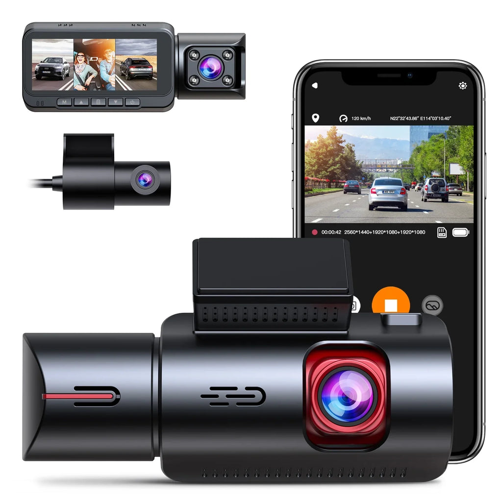 Speed, Dash Dual Wide WDR, Monitor Car Parking Vision, Dashcam IR Front with and Port, Camera 3 Angle, GPS with Dash WiFi Triple Night 4K Channel 2K+1080P+1080P@30fps Type 170° Cam C Inside, 24hr