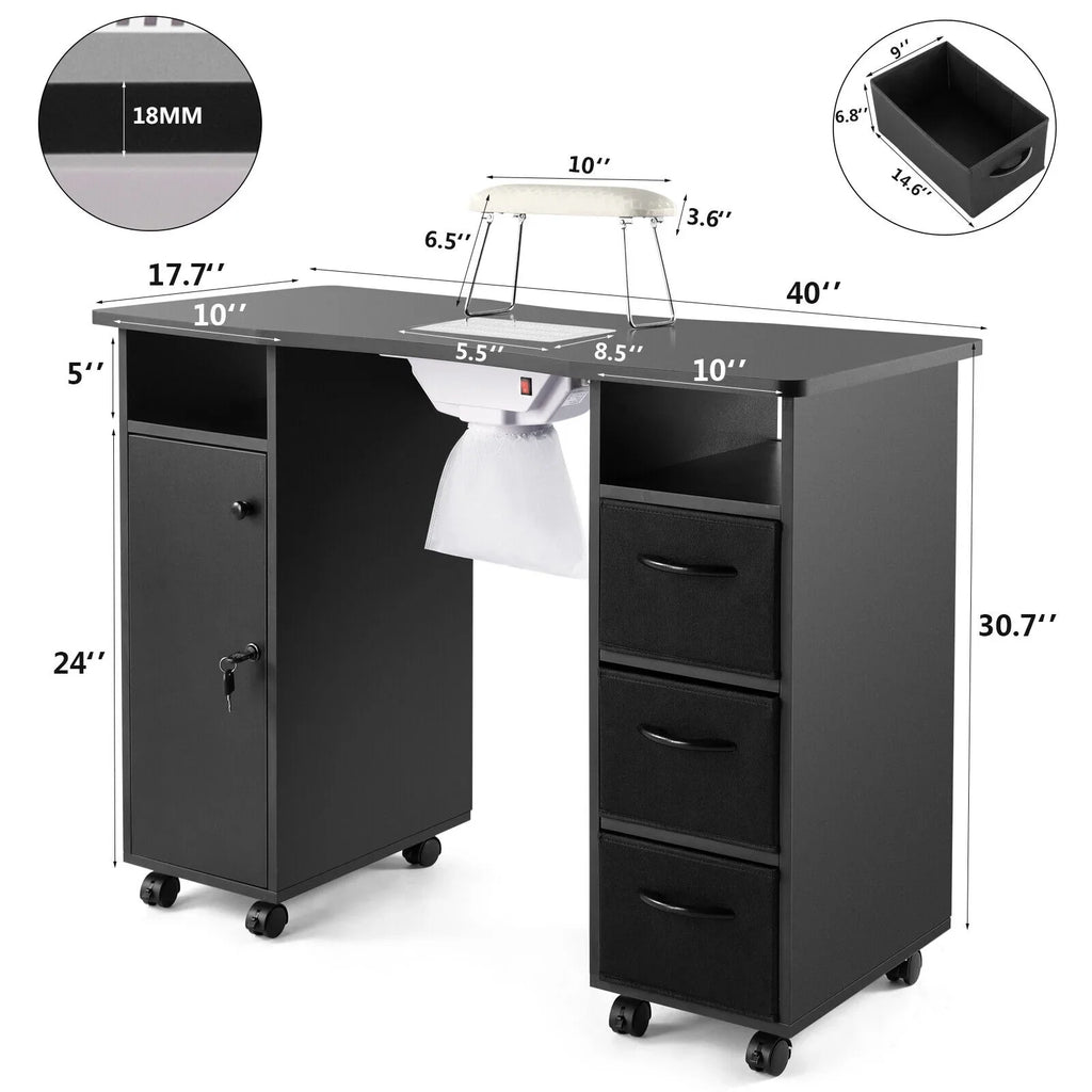 Hand Electric Station Artist Wrist Cushion, Wheels, Drawers, with Lockable Shelves Table Beauty Nail Black Manicure Desk Downdraft Vent,
