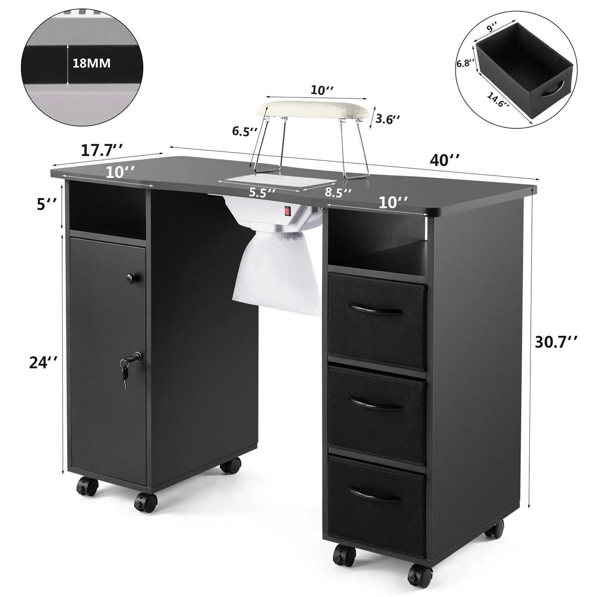 Hand Electric Station Artist Wrist Cushion, Wheels, Drawers, with Lockable Shelves Table Beauty Nail Black Manicure Desk Downdraft Vent,