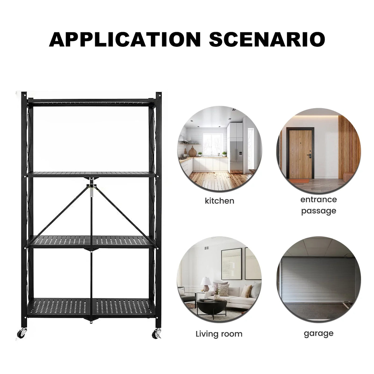 Rolling Shelving Unit Office Shelf Metal 4-Tier Room Black Books Decor Organizer, Foldable - with Kitchen Cart Closet Wheels Shelves, Pantry Storage - Storage for Collapsible Display, &