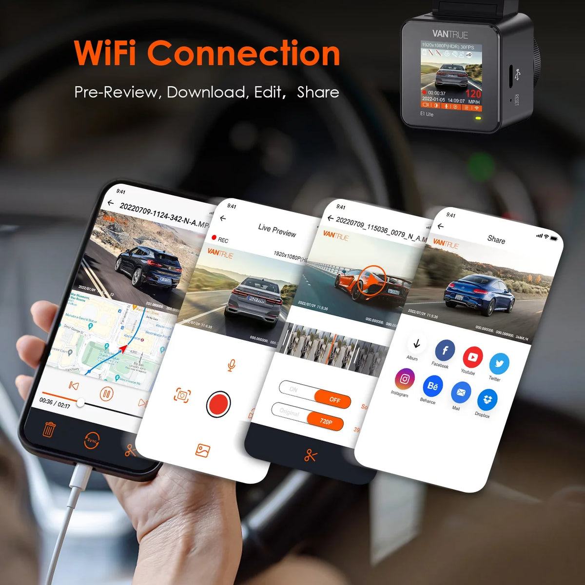 Control Wide Cam System, GPS Vantrue (E1 Dash W with G-Sensor, Angle, 160° Dual Car Voice 1080P, Parking Mini Support Compact 24/7 512GB WiFi Max Lite) Mode, camera 1920 X