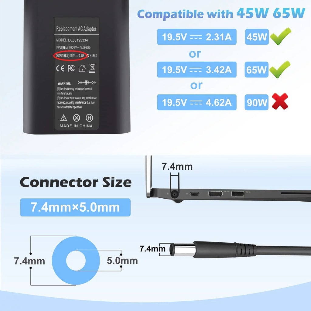 Latitude Adapter LA65NM130 5500 E6430 E6540 E5450 LA65NS2-01 E7470 7390 7480 7490 for 3440 E5400 7400 5400 E6420 E5420 65W Charger 5480 AC E5470 Laptop E7480