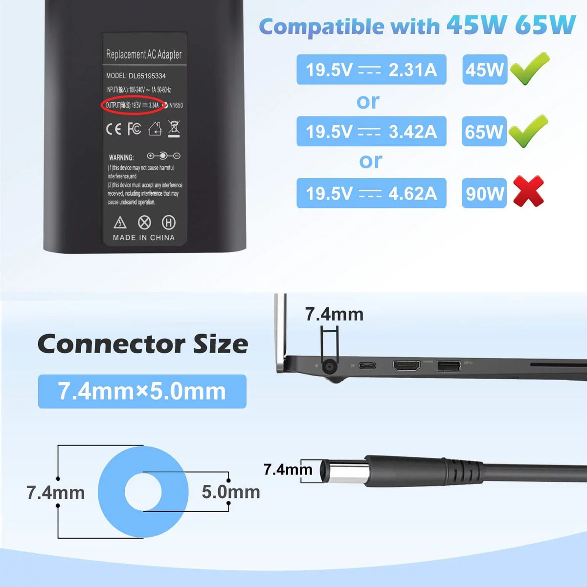 Latitude Adapter LA65NM130 5500 E6430 E6540 E5450 LA65NS2-01 E7470 7390 7480 7490 for 3440 E5400 7400 5400 E6420 E5420 65W Charger 5480 AC E5470 Laptop E7480