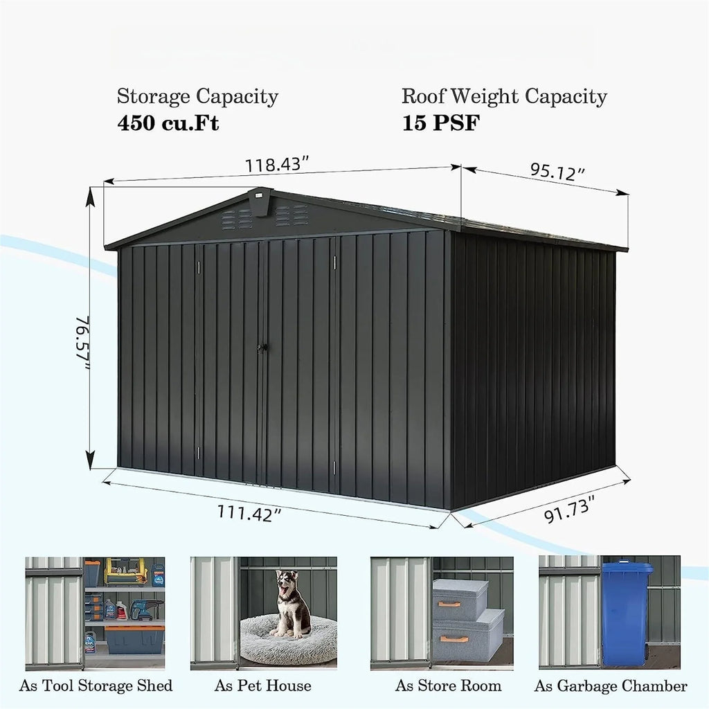 Storage 10'X Metal Shed for Patio, Tools, Backyard, Lockable Steel Cabinet Garden exterior Black) for Trash Lawn Storage Shed Galvanized CoSoTower Bike, 8', with Door exterior Can, (10X8ft,