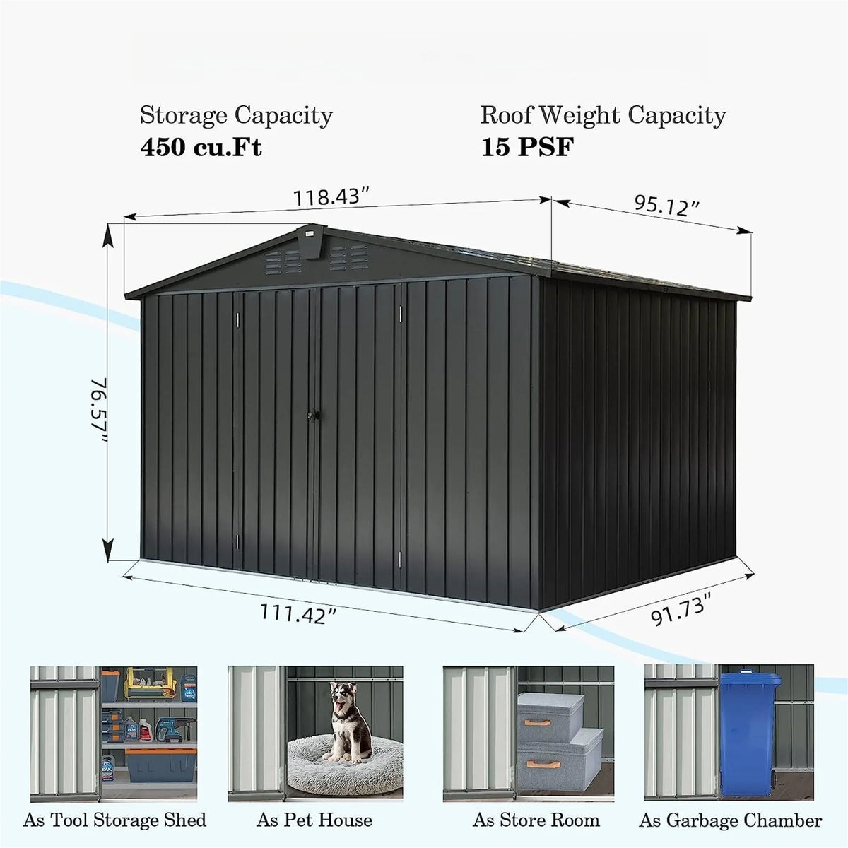 Storage 10'X Metal Shed for Patio, Tools, Backyard, Lockable Steel Cabinet Garden exterior Black) for Trash Lawn Storage Shed Galvanized CoSoTower Bike, 8', with Door exterior Can, (10X8ft,