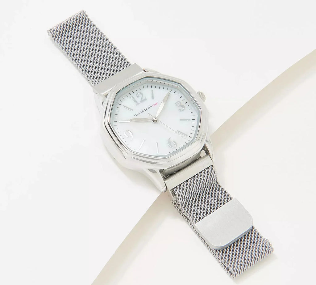 Silver Mizrahi Steel Mesh Watch Magnetic Stainless Live! ADJ Octagon Strap Isaac