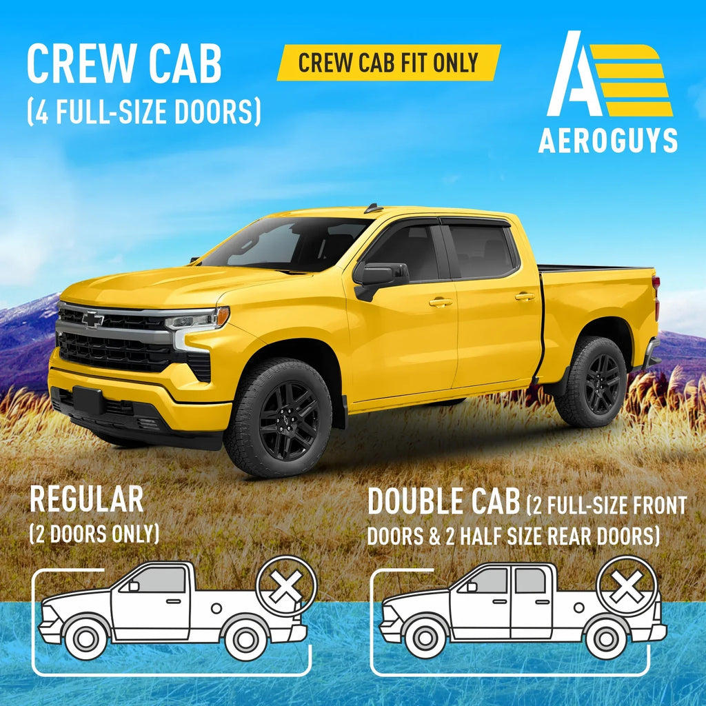 Accessories (Chevy) Deflectors Fit Window Sun Rain AEROGUYS Window Silverado Visors, Cab, Chevrolet 4pcs. Wind Durable - Truck Guards 2019-2024 Extra Tape-On AG0422 1500 Visors Visors, Vent for Crew