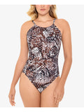 Women's Printed Control One Piece 10 SWIM Brown Tummy Halter SOLUTIONS Swimsuit