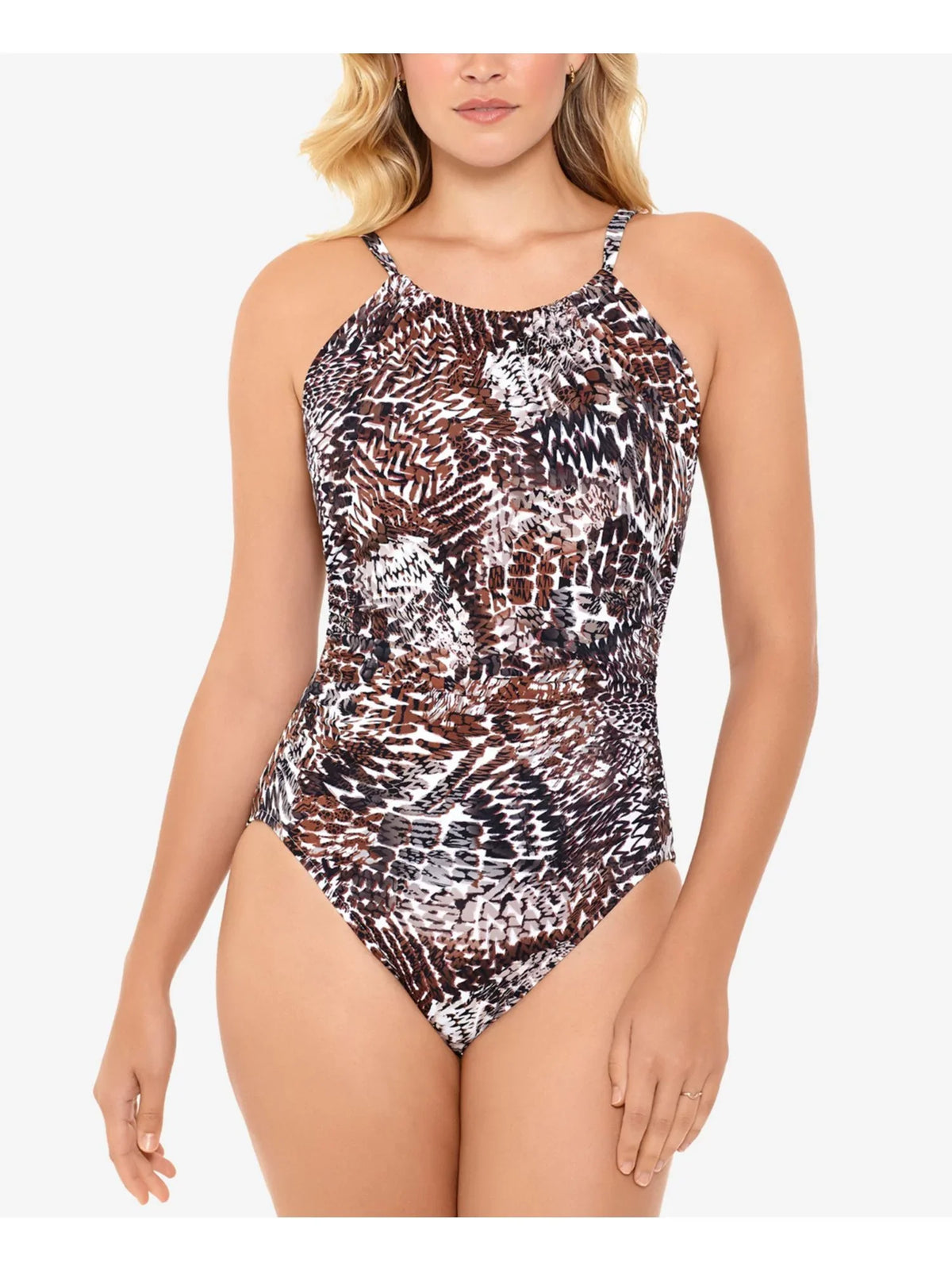 Women's Printed Control One Piece 10 SWIM Brown Tummy Halter SOLUTIONS Swimsuit