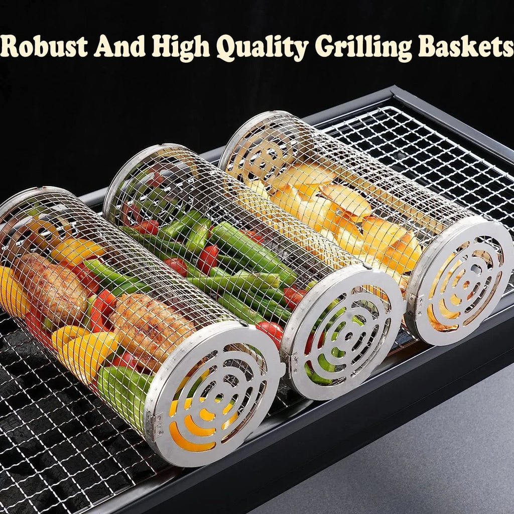 BBQ Camping Grilling Rack ，Portable 2PC Grilling Barbeque Griller Shrimp, Accessories Cooking BBQ Fish, Barbecue Vegetables, Basket Rolling exterior for Basket，Round