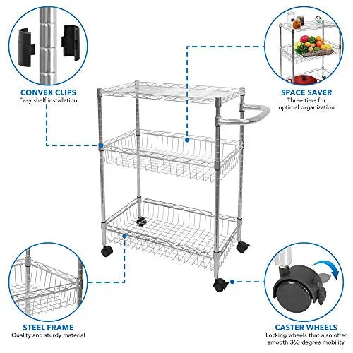 for Organization | Mesh Storage and Silver Storage 3-Tier Wire and | Handle Metal Kitchen Cart Multi-Function Rolling with Heavy-Duty Wheels Mount-It! Cart Trolley |