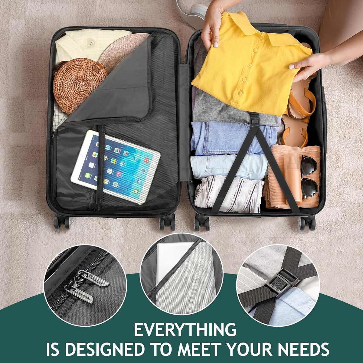 Hardside Portable Luggage & Travel Suitcase ABS on with for Carry Wheels Sets TSA Dark 3 Lightweight Spinner lock, - Green Set Business (20/24/28) of Luggages