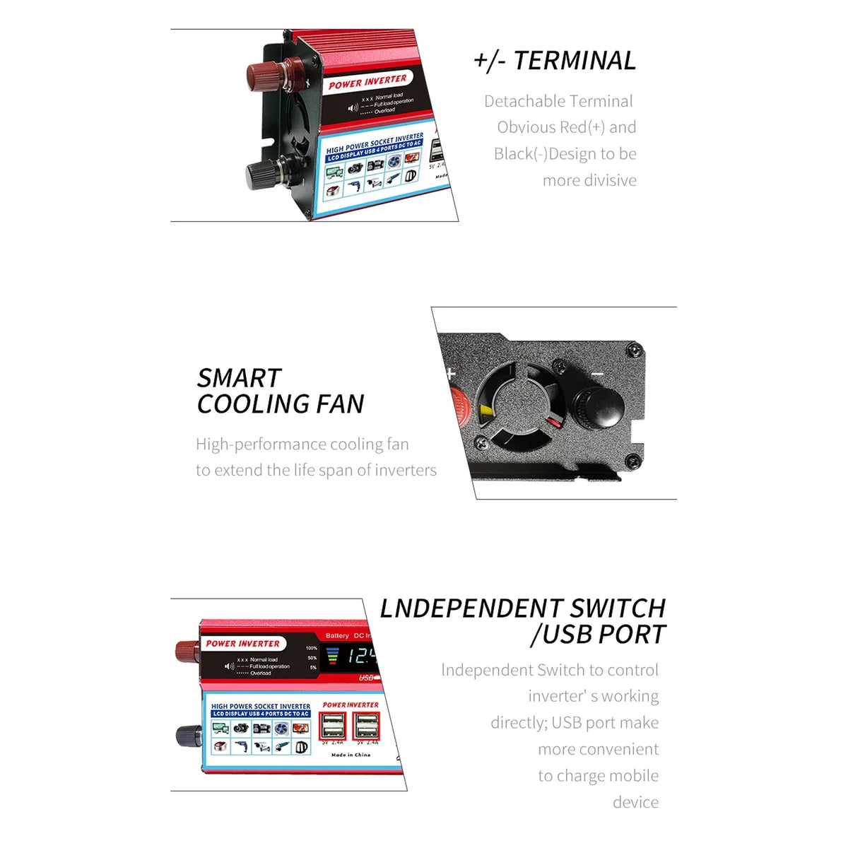 850-950W, LCD Inverter, Inverter Energy High Efficiency to Display, for Sine RV, Saving Solar Converter Car AC 12V with Nebublu