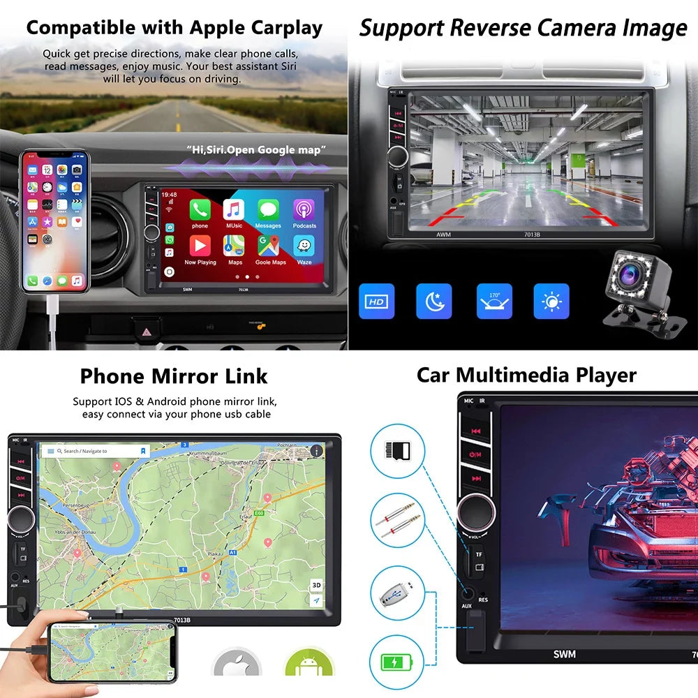 Radio 2 Stereo Bluetooth inch Camera D-play Touch 7 Podofo Car Car 4 MP5 with with Player Din USB Car Screen View Rear LED