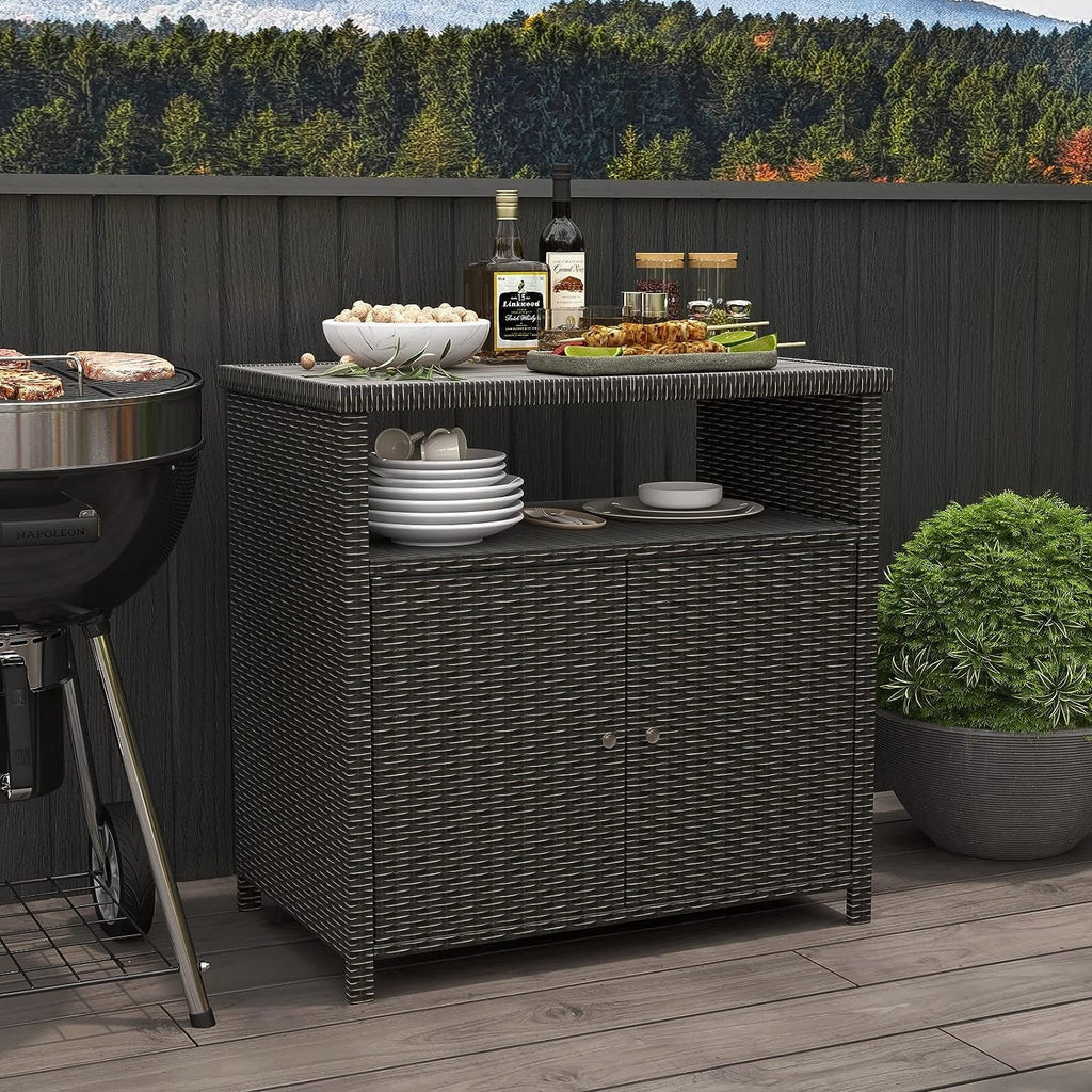 Coated Storage Resin Wicker, Powder Wicker Brown climate Shelf, exterior 2-Door All Dark Cabinet with Steel, Indoor