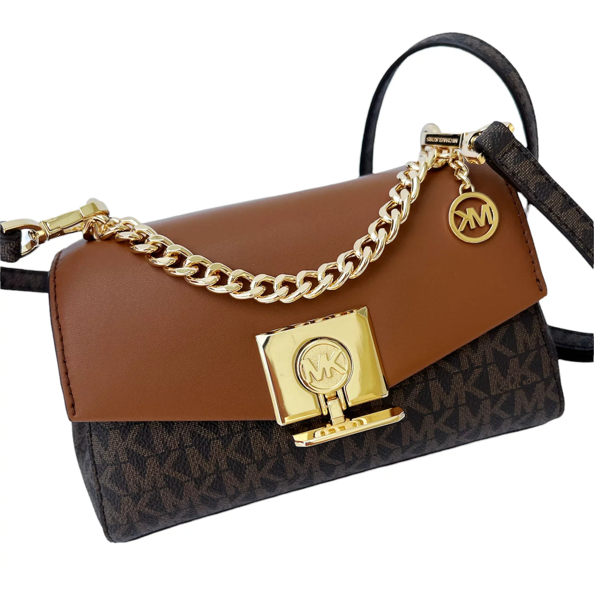 Crossbody Logo Kors Bag Michael Lita Brown Two Tone MK Leather Small