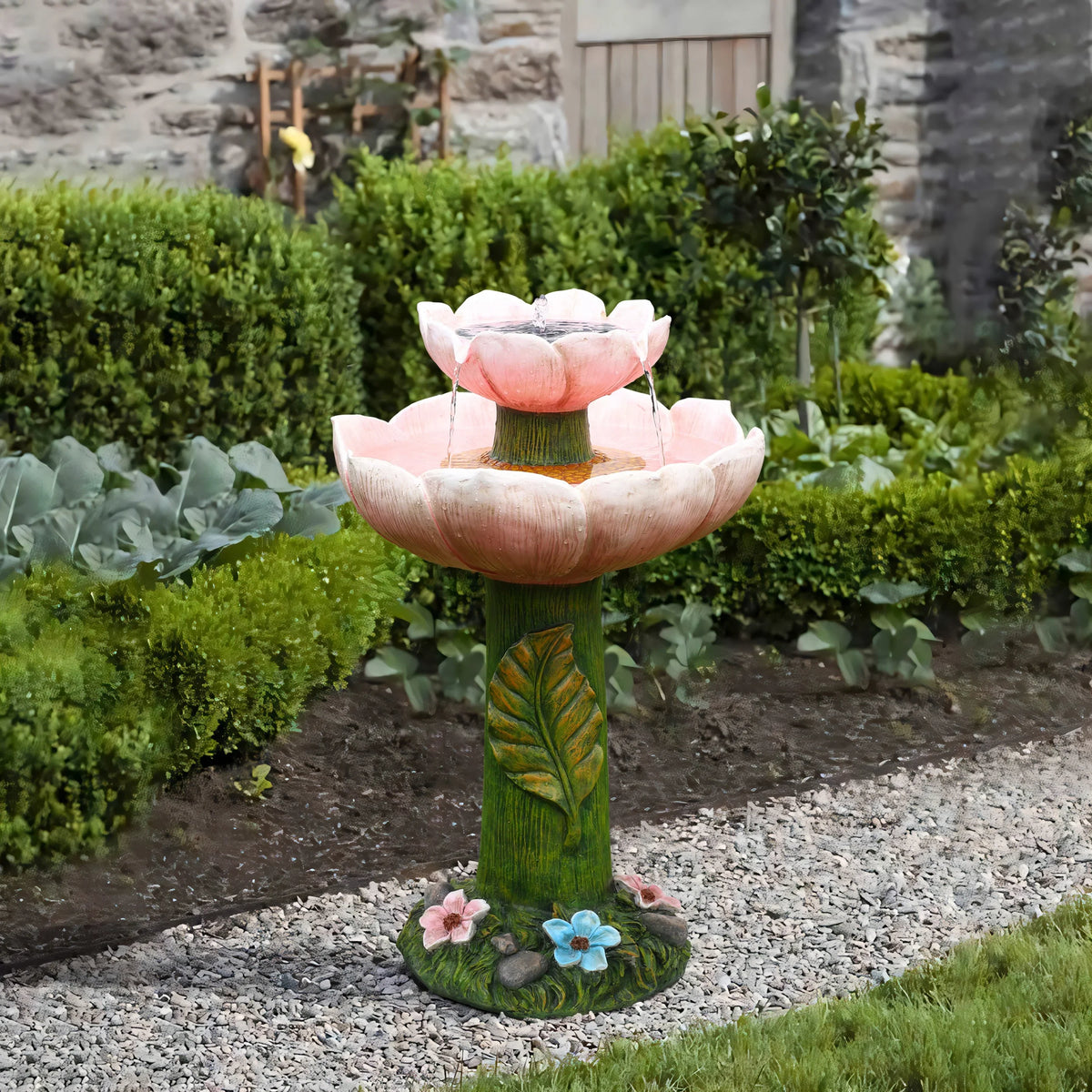 Powered 2-Tier Lights Birdbath Resin Pink LuxenHome Solar Flower Fountain with