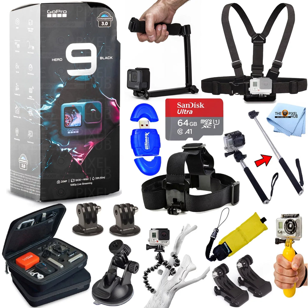 HERO9 More Tripod, Camcorder 1 Strap, GoPro 4K Chest with In 64GB, ACCESSORY Waterproof SanDisk Medium All Stick Head and PRO 3-Way KIT Selfie Much Case, and Black