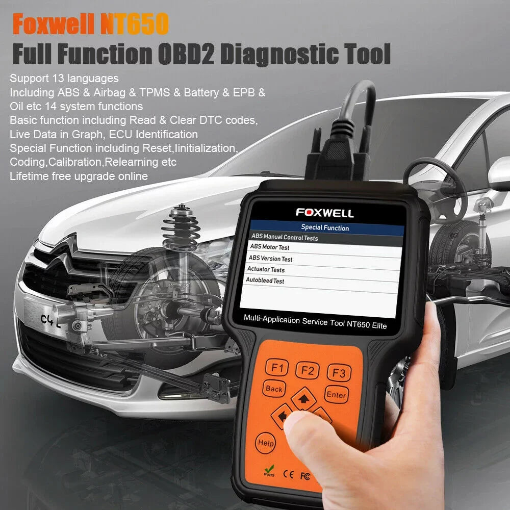 Reset Car FOXWELL NT650 Scanner Registeration II Automotive Oil with Code OBD Battery SAS Reader Light OBD2 ABS EPB Air DPF TPMS TPS Bag EPS Elite