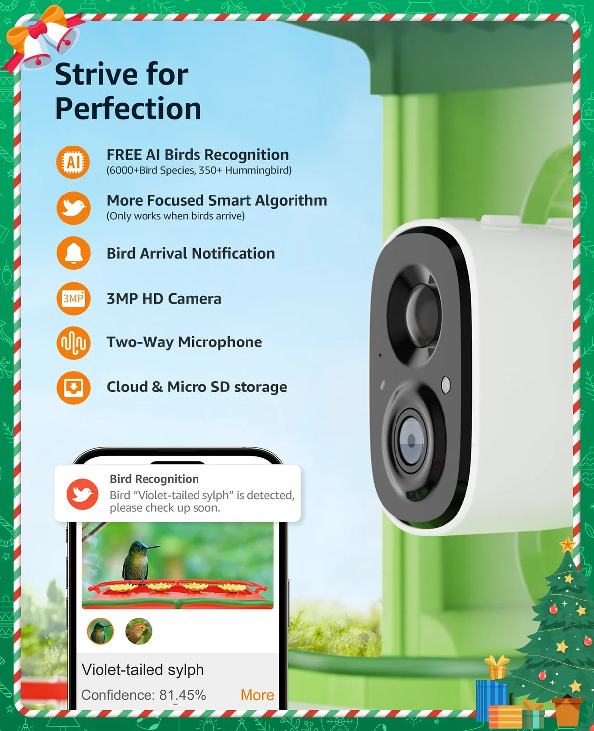 Gift Auto Species, Bird 3MP AI of Feeders Ideal with with 1 Birds Camera Feeder with Camera, Anyone Bird HD Identify Hummingbird for 2 Unique Camera, Capture in Close-Ups