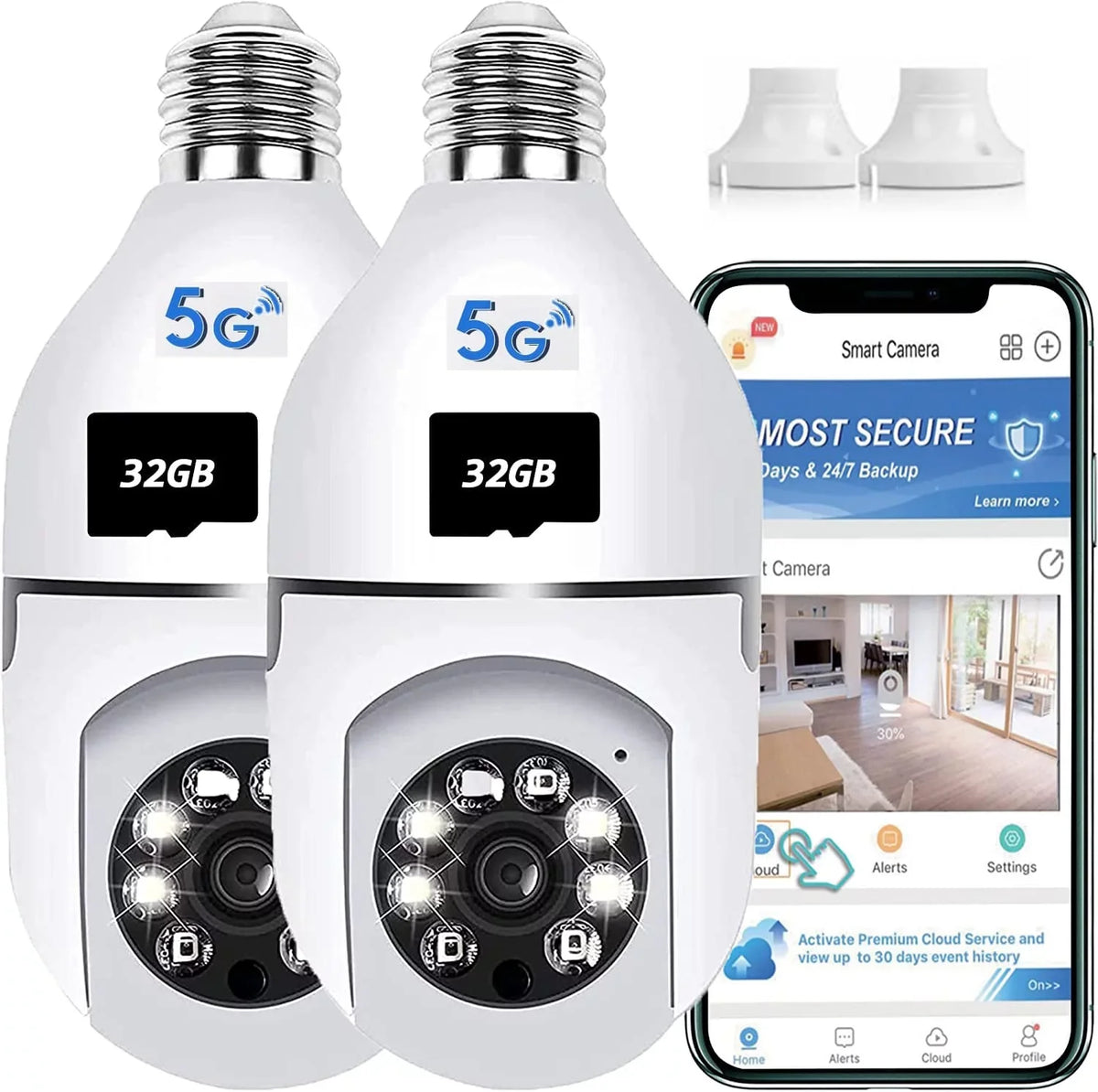 Camera Home Bulb Camera, SD PTZ2.4GHz Card Access, Light and Alarm, APP 5G Storage (Two), Cloud 360 exterior 2 Indoor Pack Wireless + Security and Motion Degree Local WiFi Detection Camera, & 32GB