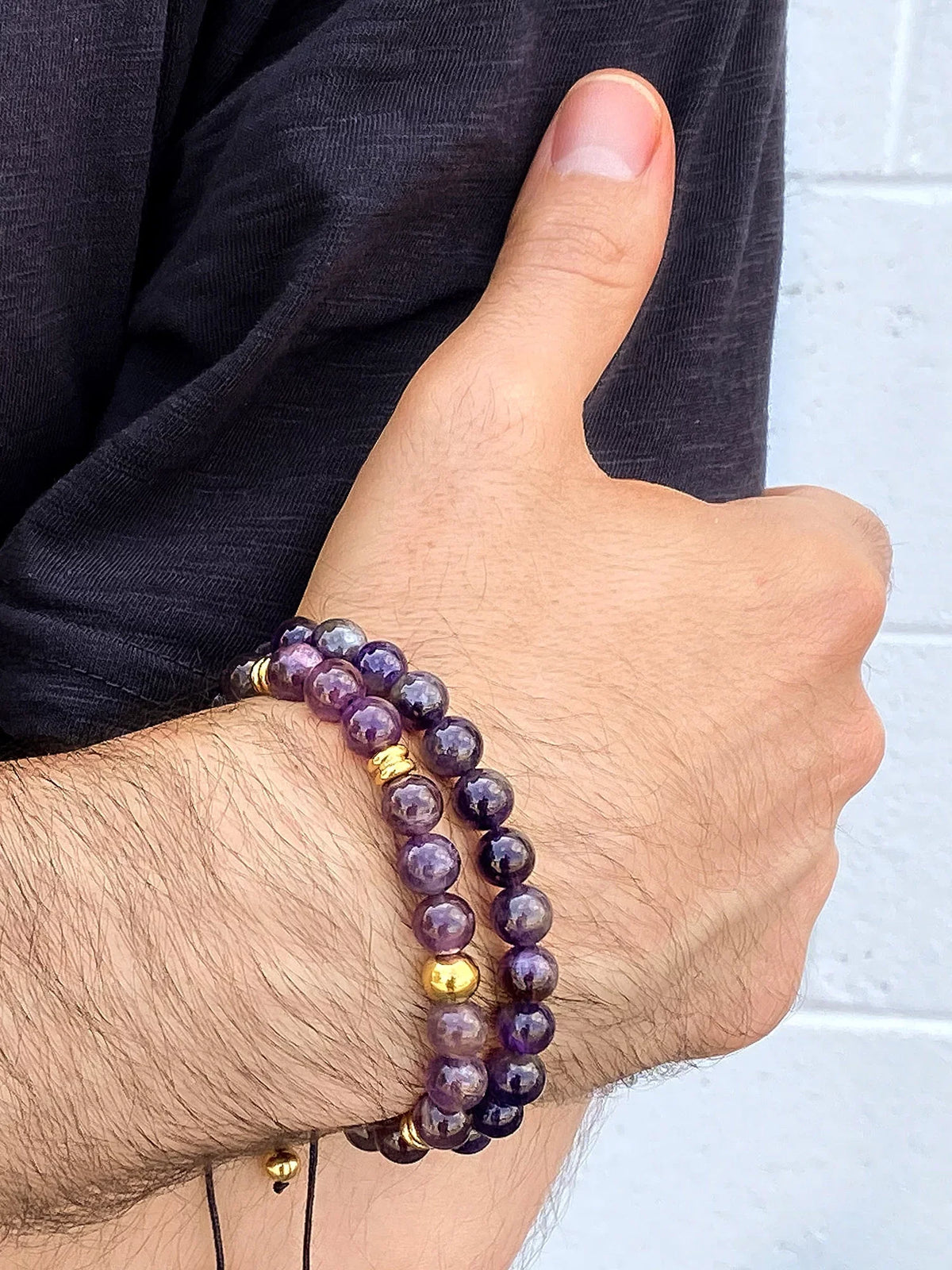 (8mm) Plated Coastal Jewelry Adjustable Gold and Stainless Steel Amethyst Men's Bracelet Stone Beaded
