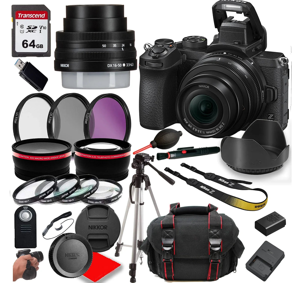 Mirrorless Case 64GB + Camera with Memory(26pc) + 16-50mm Z50 Nikon Lens
