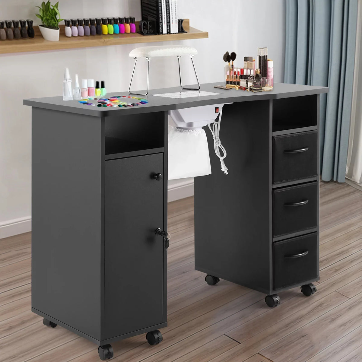 Hand Electric Station Artist Wrist Cushion, Wheels, Drawers, with Lockable Shelves Table Beauty Nail Black Manicure Desk Downdraft Vent,