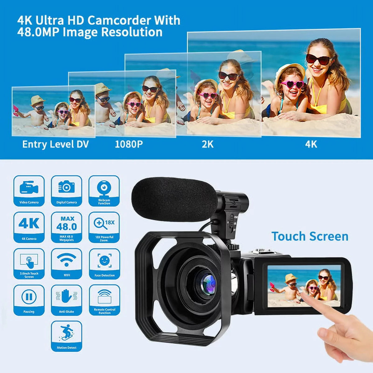 Touch Ultra Control Remote for & Microphone Camera 48MP Vlogging Camera 4K HD IPS with Video Youtube 3.0" Wifi Digital Camcorder Screen Camera