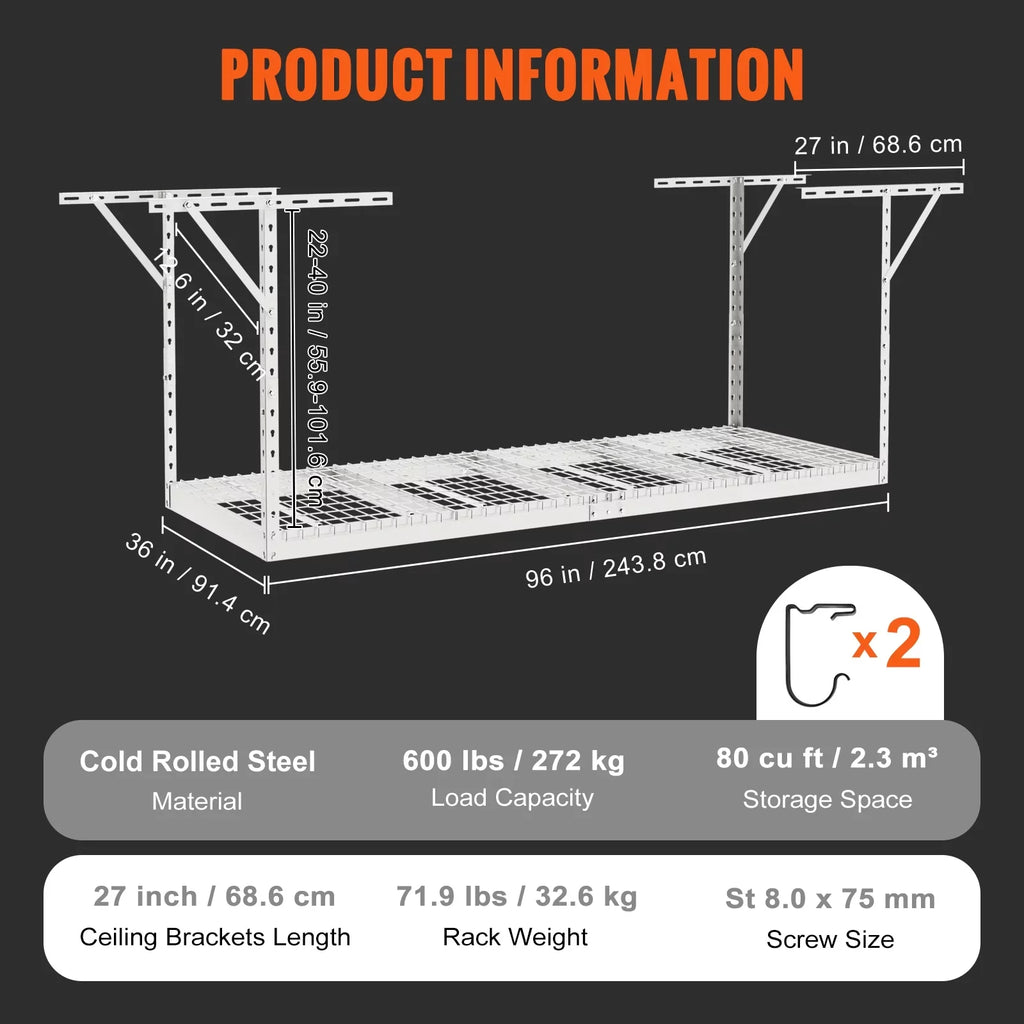 Ceiling White VEVOR 600lbs Rack Overhead Storage Garage Adjustable 36x96in Rack