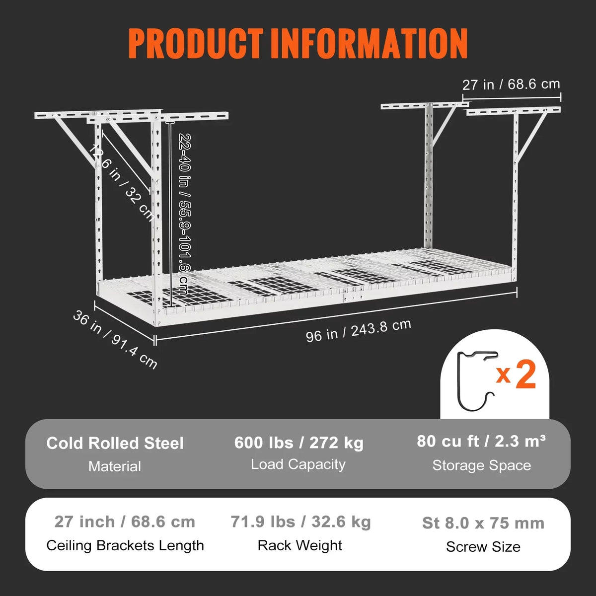 Ceiling White VEVOR 600lbs Rack Overhead Storage Garage Adjustable 36x96in Rack