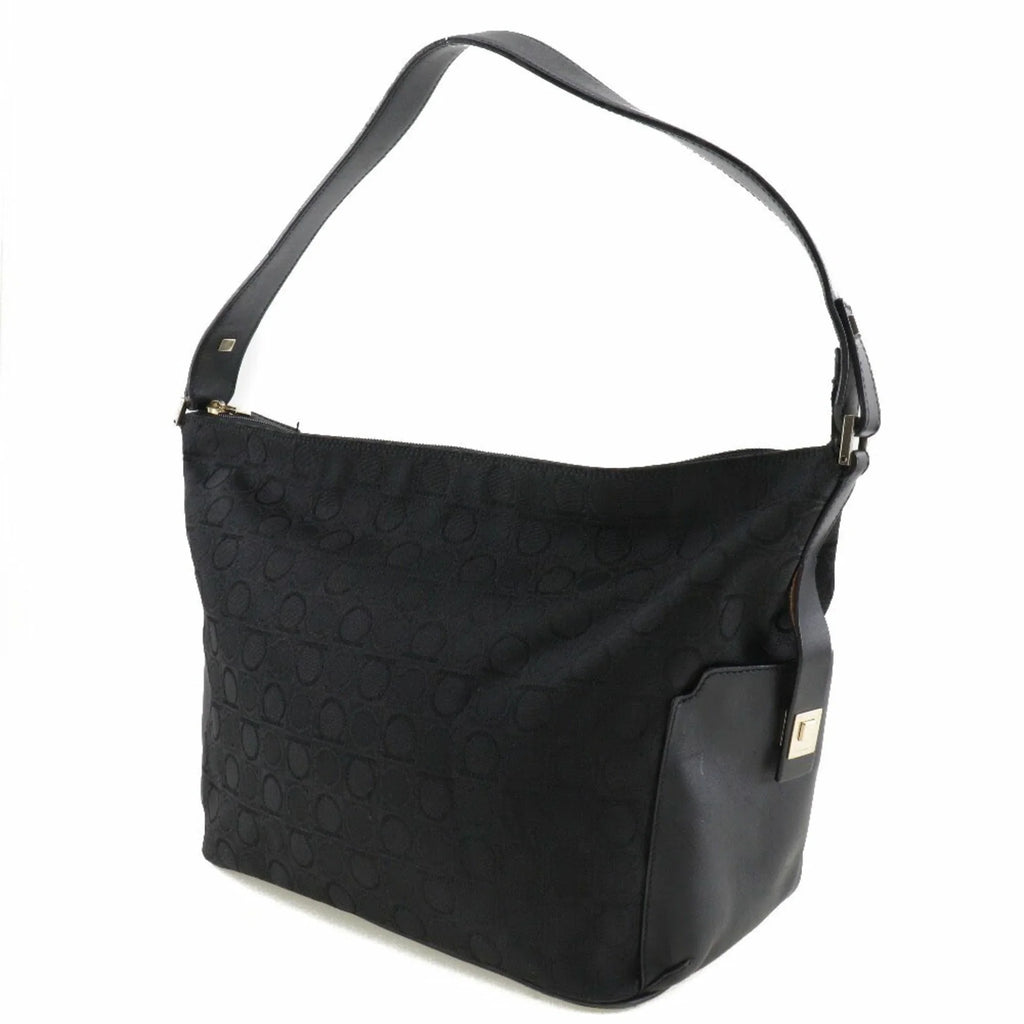 x Gancini Ferragamo Black 2779 Pre-Owned Leather Canvas (Fair) Bag Salvatore One Ladies AB-21 Shoulder