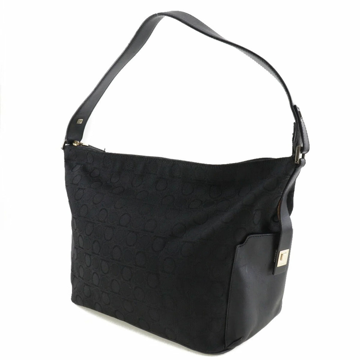 x Gancini Ferragamo Black 2779 Pre-Owned Leather Canvas (Fair) Bag Salvatore One Ladies AB-21 Shoulder