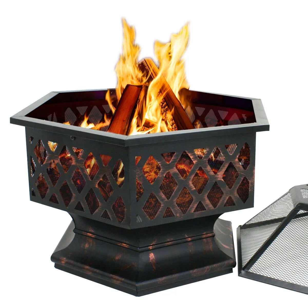 Backyard, ZenSports Pit Pire - Burning Lid, Black Bonfire W/Mesh Hex-Shaped Portable Wood 24’’ exterior