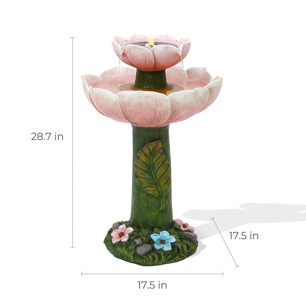 Powered 2-Tier Lights Birdbath Resin Pink LuxenHome Solar Flower Fountain with