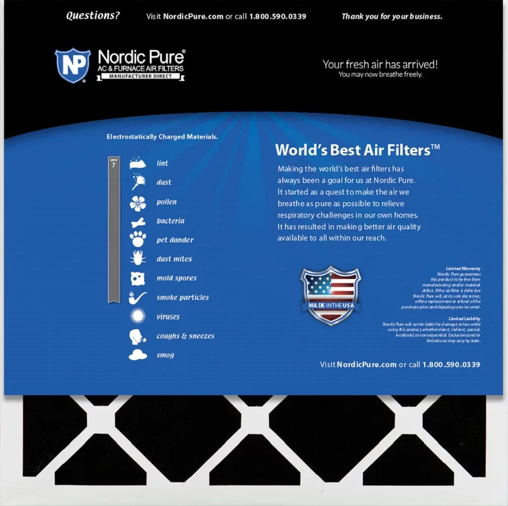 Nordic Pure Filters Pleated 7 16x16x1 Plus 6 MERV Air Carbon Pack