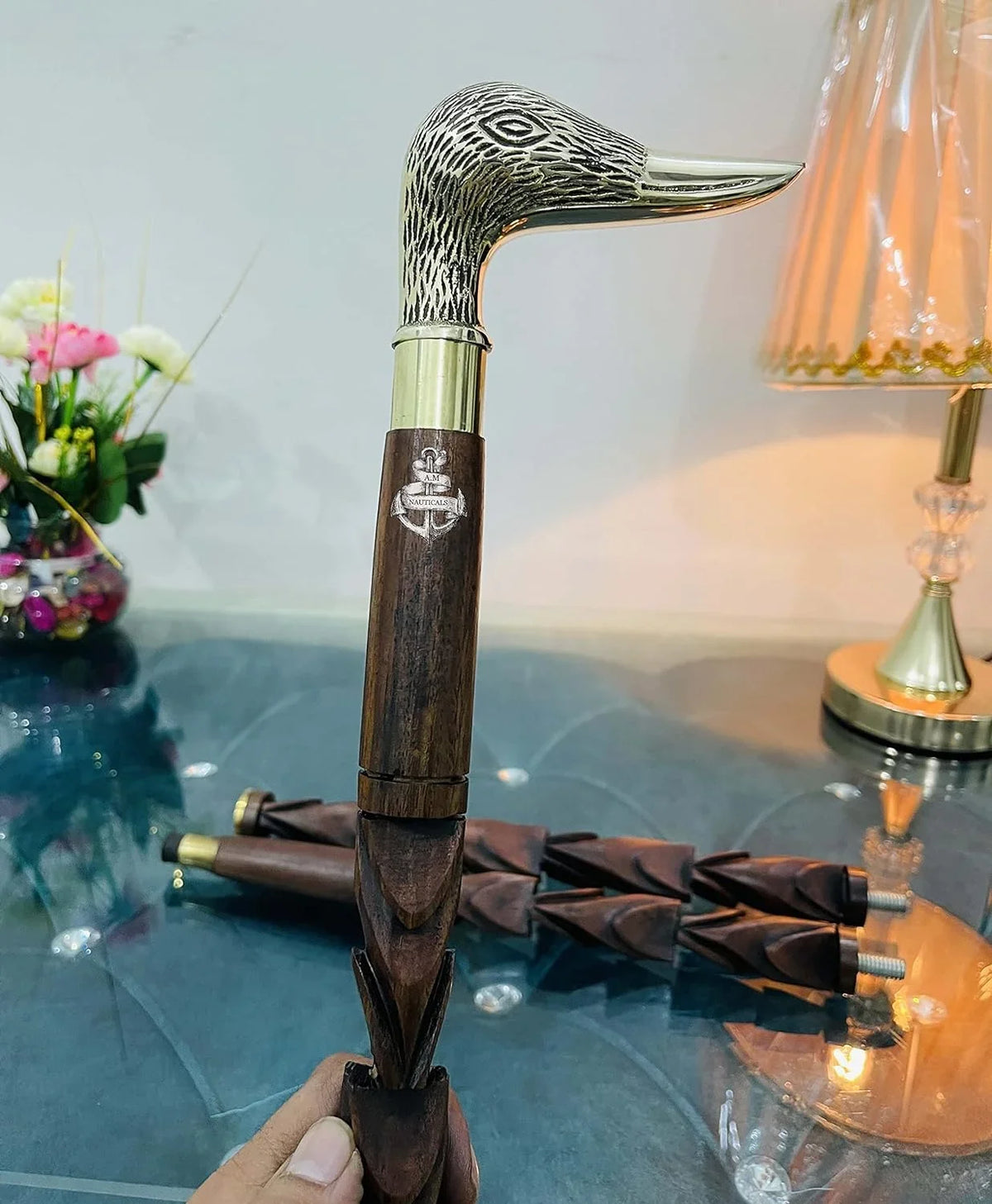 Brass Face Walking Duck Handle Head Solid Stick Wooden Walking Brass Stick