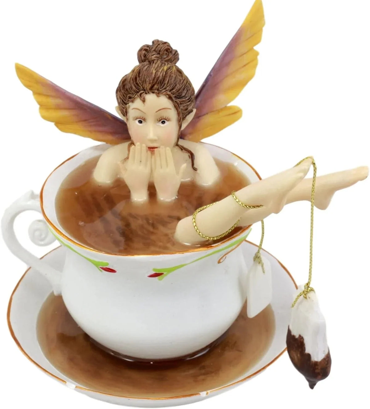 Fairy With Tea Fantasy Tea Shocked Fairy Tea Cup In Bathing 5" H Design Figurine Collectible Saucer Ebros Time Magical Encounters Bag Cracked With