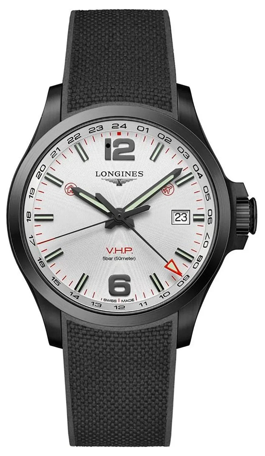 GMT Strap Silver Perpetual PVD Conquest Black Watch Black V.H.P. Longines Quartz Mens Date Calendar Rubber Dial L3.728.2.76.9