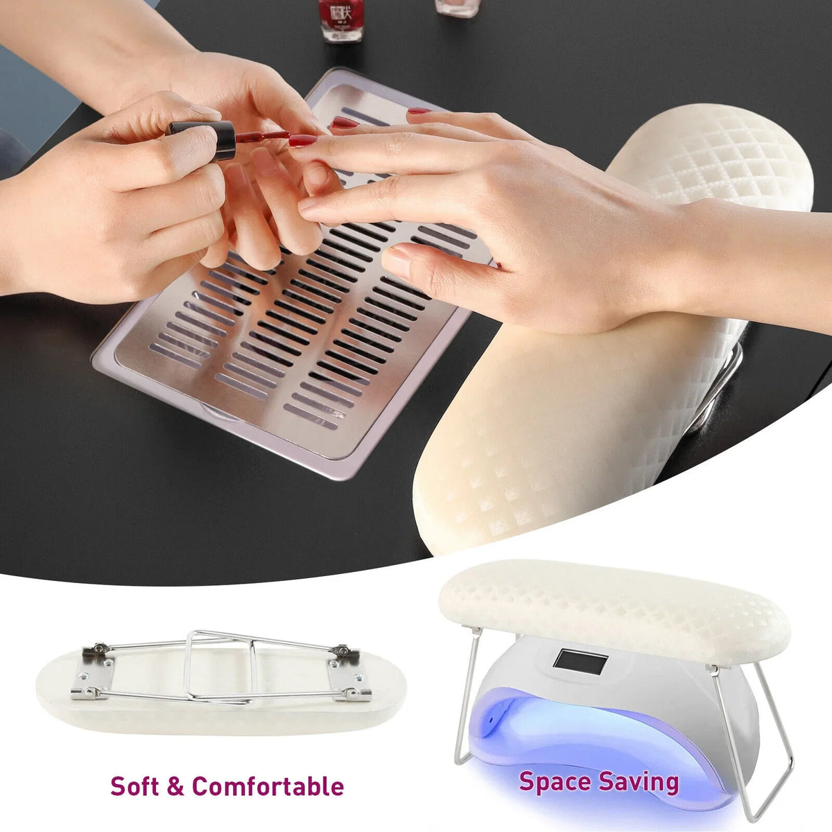 Hand Electric Station Artist Wrist Cushion, Wheels, Drawers, with Lockable Shelves Table Beauty Nail Black Manicure Desk Downdraft Vent,